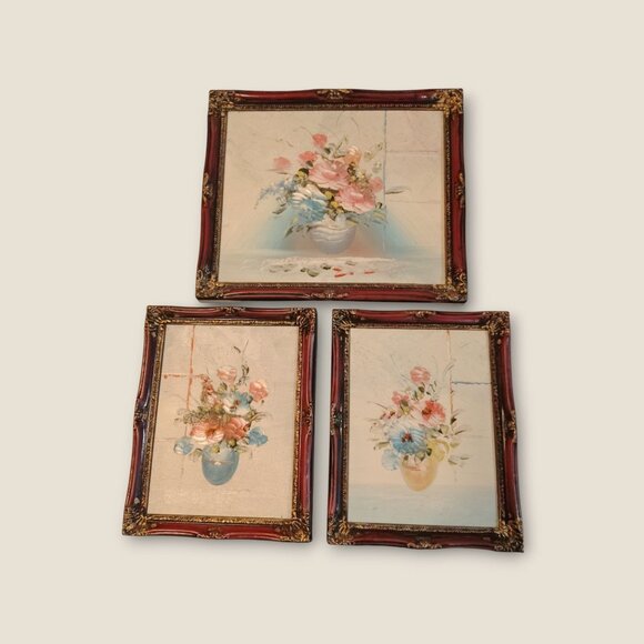 Vintage Floral Oil Paintings Set Of 3 With Ornate Frames - Picture 3 of 6